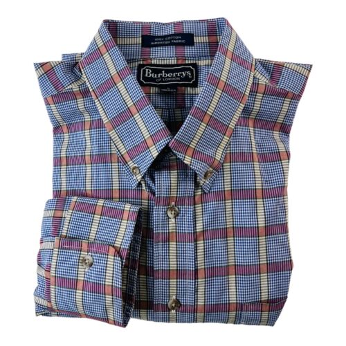 VTG Burberrys of London Blue Red & Yellow Plaid Long Sleeve Button Down L