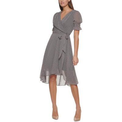 Tommy Hilfiger Womens Black Printed Faux Wrap Sheer Midi Dress 4