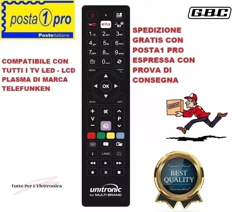 Telecomando Di Ricambio Per TV Telefunken Modello RC5118 Con Tasti Netflix E Youtube