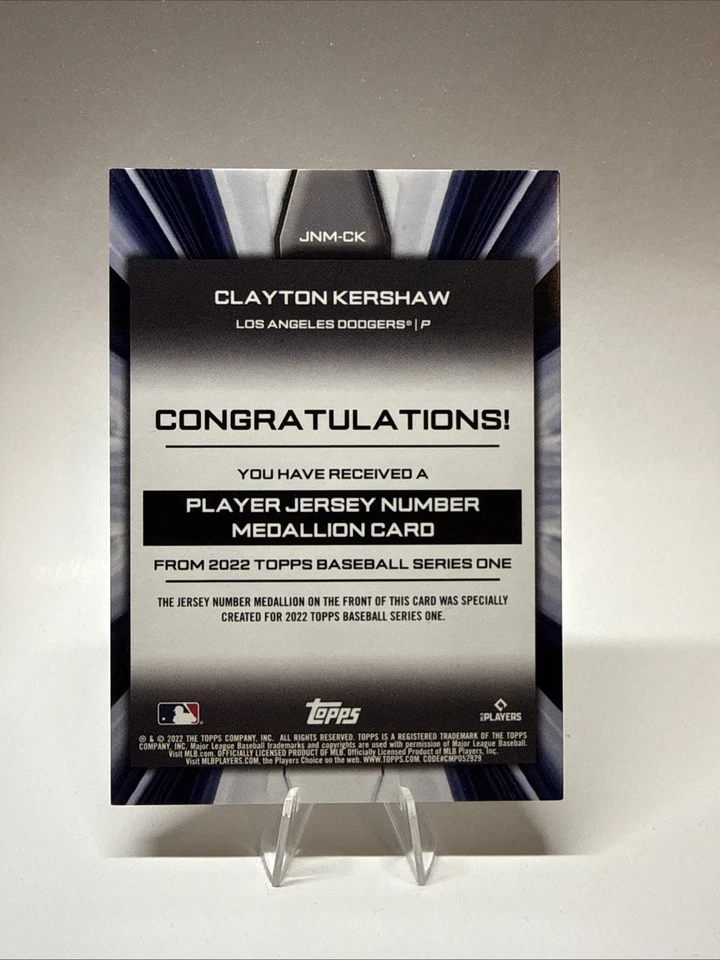 2022 Topps Series 1 Card Clayton Kershaw Jersey Number Medallion #JNM-CK Dodgers - Image 2 of 2