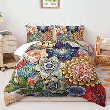 3 Piece Boho Floral Bedding Set,Colorful Flowers Comforter Set,Bohemian Rever...