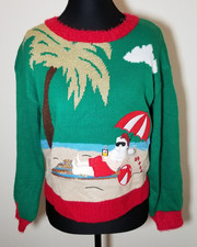 Ugly Christmas Sweater Santa Beach Palm Tree Sequins Youth Large 14 Holiday NWT