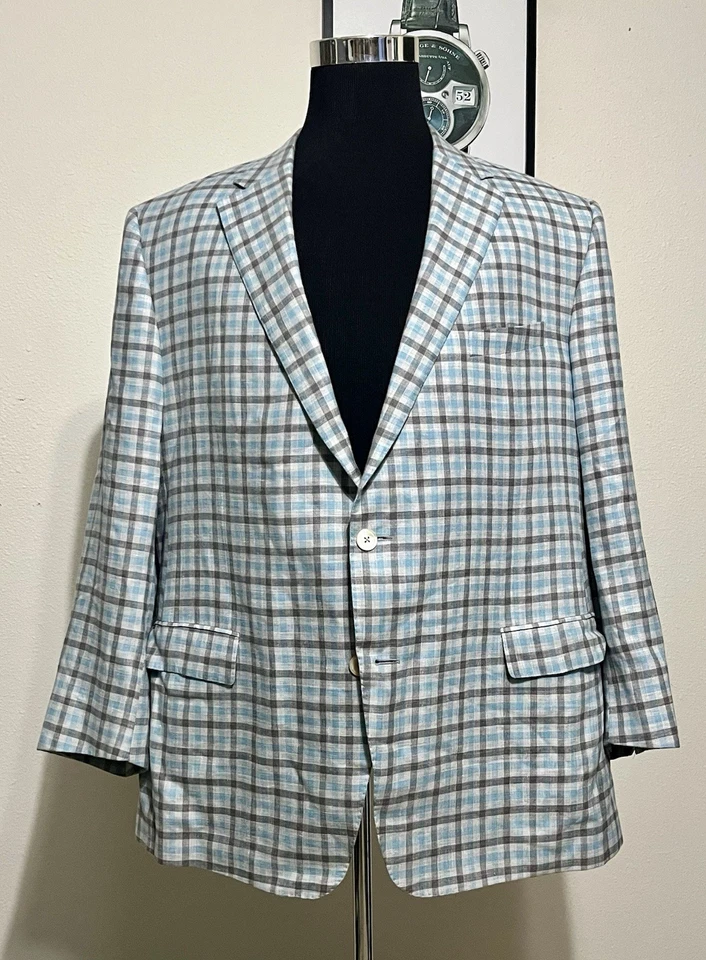 SAMUELSOHN 1923 - 50R - Blue Micro Check Gingham Linen/Cashmere Sportcoat Blazer - Image 3 of 4