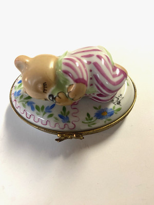 Limoges Porcelain Peint Main Trinket Box Baby Girl Teddy Bear Beautiful!!