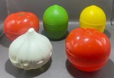 Set of 5 Vintage Vegetable / Fruit Keepers Garlic Tomato, Lemon, Lime