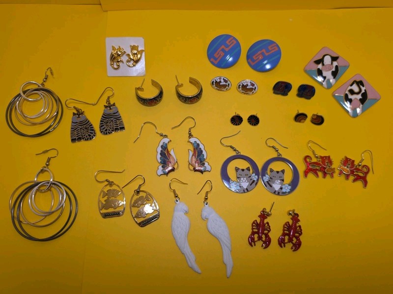 Assortment Of Enamel & Other Pierced Earrings. Cats Birds Cows Fish