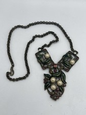 Vintage Victorian Revival Rhinestone Enamel Necklace Floral Bib