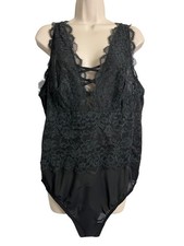 Cacique Lace Teddy Womens 2X Black Floral Sheer Plus Size Strappy Lingerie Sexy
