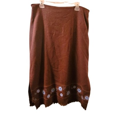 Vintage Wool Blend Floral Embroidered Maxi Skirt Brown W/Powder Blue Flowers 14W