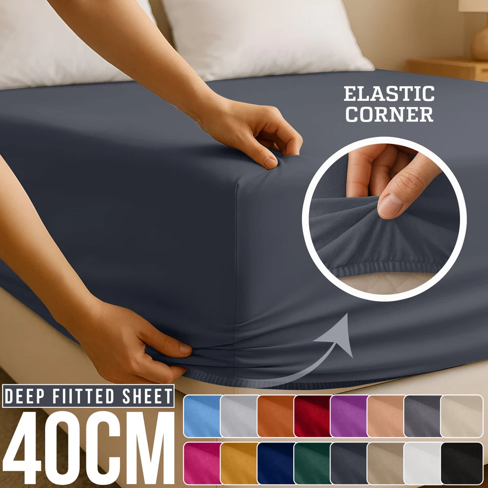 KENSINGTON HOMEWARE Extra Deep Pocket Fitted Sheet 40cm Single Double King Super King Size Bedding