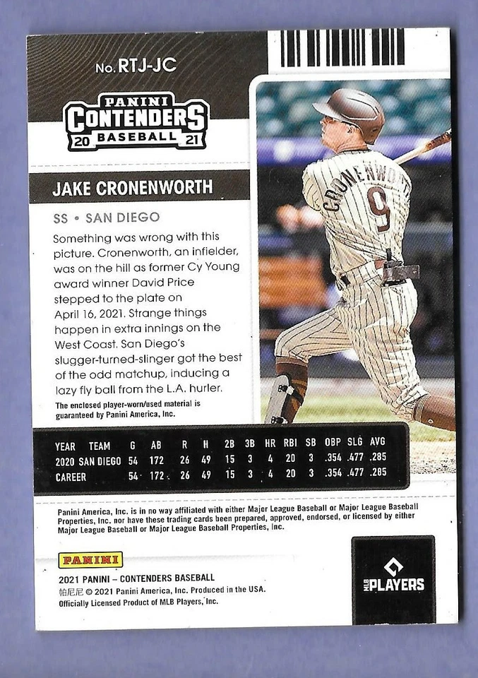 2021 JAKE CRONENWORTH, PADRES, CONTENDERS ROOKIE TICKET PATCH RELIC RC # RTJ-JC - Image 2 of 2