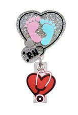 RN Glitter Heart Badge Reel with Pink  Blue Baby Feet