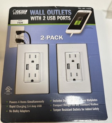 Feit Electric USB Outlet 2 Pack Wall Charger 2 USB Ports + 2 Outlets