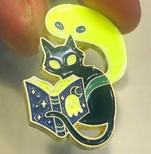Glow in the Dark Enamel Lapel Pin Black Cat Reading Book Ghost Moon Design