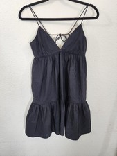 Zara Black Tiered Mini Dress Medium Strappy Open Tie Back Cotton Blend LBD