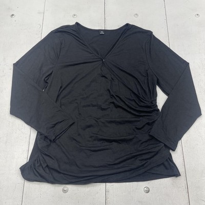 Ruched V Neck Shirt Womens 2XL Black Long Sleeve Stretch Tunic Plus Size