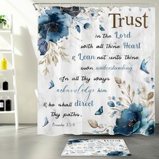Bible Verse Blue Floral on Grey Marble Shower Curtain Bathroom Accessories Set