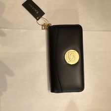 bebe Black Zip-Around Wallet Logo  Gold Accent Credit Card Folding