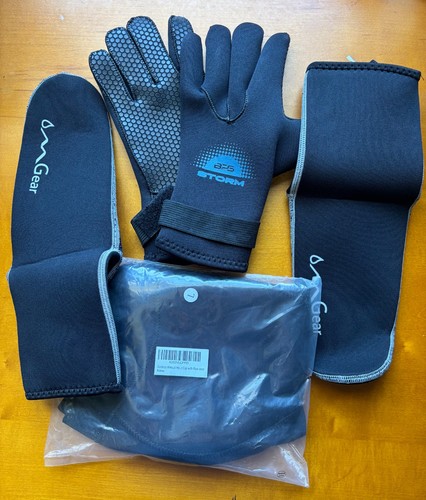 Lot of diving/scuba/surfing gloves, neoprene socks, and wetsuit hood