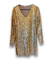 MICHAEL KORS Beige Gold Sequin Long Sleeve V-Neck Mini Dress Women's Size SMALL