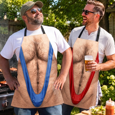 Funny Hairy Chest Apron BBQ Grill Novelty Beach Summer Muscle Men Dad Gag Gift