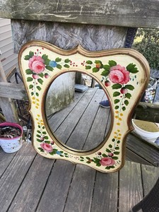 Handmade Hand Painted Floral Accent Mirror Gold Frame Vintage Wood