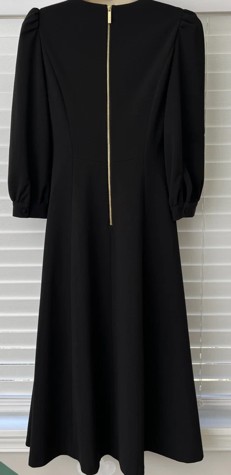 Calvin Klein Scuba Crepe Midi A-Line Puckered 3/4 Sleeve Black Zip  Sz 4 Dress - Image 4 of 4