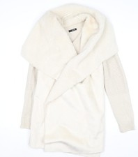 Quiz Women Ivory Faux Fur Trim Open Knit Long Sleeve Cardigan M