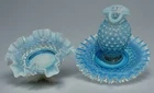 3 Pcs-Vintage Fenton Hobnail Opalescent Blue Iridescent 2 Dishes 1 Bud Vase EUC
