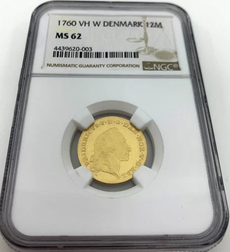 Denmark 1760 Gold 12 Mark King Frederik V Dei Gratia NGC MS62 Very Rare