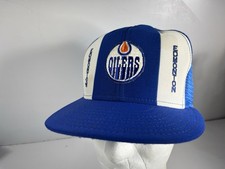 Vintage 80s Edmonton Oilers NHL Hockey Blue Snapback Hat AJD Lucky Stripes READ