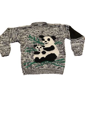 Vintage Panda Sweater Black White Bamboo HAND KNITTED Med/large