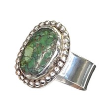 Oval Green Turquoise Wide Band Silver Ring Size 7