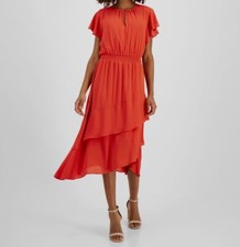 T Tahari Women's Red Hibiscus Flutter-Sleeve Fit & Flare MIDI Dress Size M
