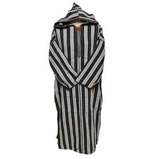 Moroccan Black Beige 3-Quarter Length Striped Wool Blend Hooded Thobe Djellaba