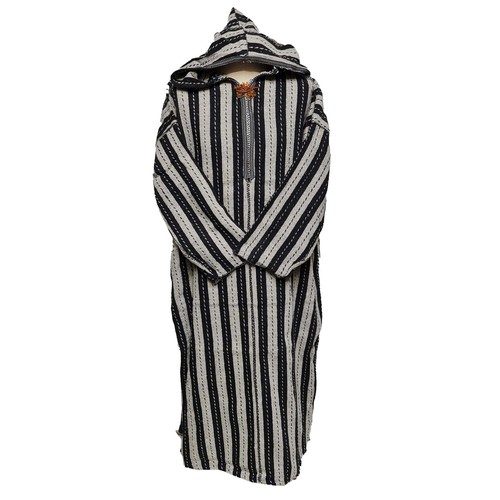 Djellaba À Capuche En Laine Mélangée Rayée Noir Beige De Longueur 3/4