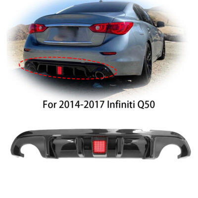 Rear Bumper Diffuser Lip Carbon Fiber Look Fits 14-17 Infiniti Q50 W/ LED Light
