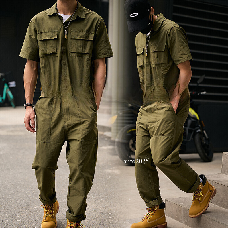 Men Short Sleeve Jumpsuit Retro One-Piece Summer Overalls