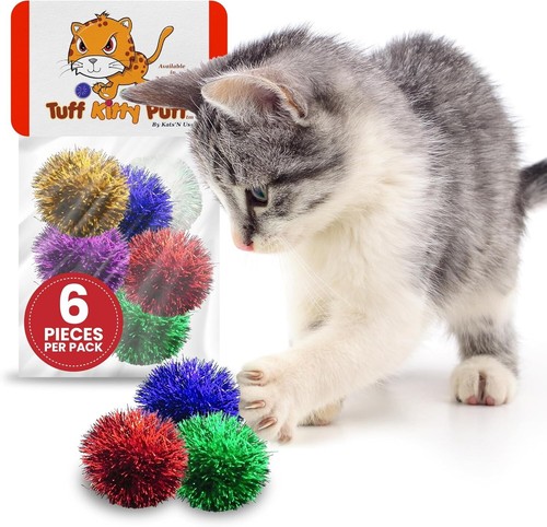 Tuff Kitty Puff Sparkle Ball Cat Toy - 1.5 Inch 6 Pack Pick A Color Glitter Cat Sparkle Balls Gold