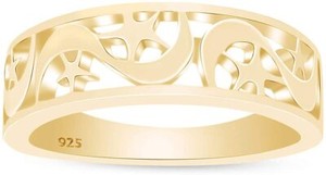 Authentic Star & Crescent Moon Band Ring 14K Yellow Gold Plated 925 Sterling Silver