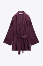 Zara Open Tied Belt Embroidered Kimono With Beads Purple Size S Exclusive £79.99