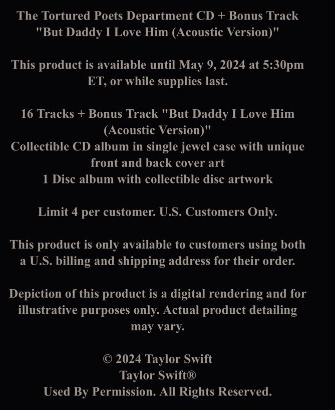 Taylor Swift Tortured Poets CD + Bonus “But Daddy I Love Him (Acoustic ...