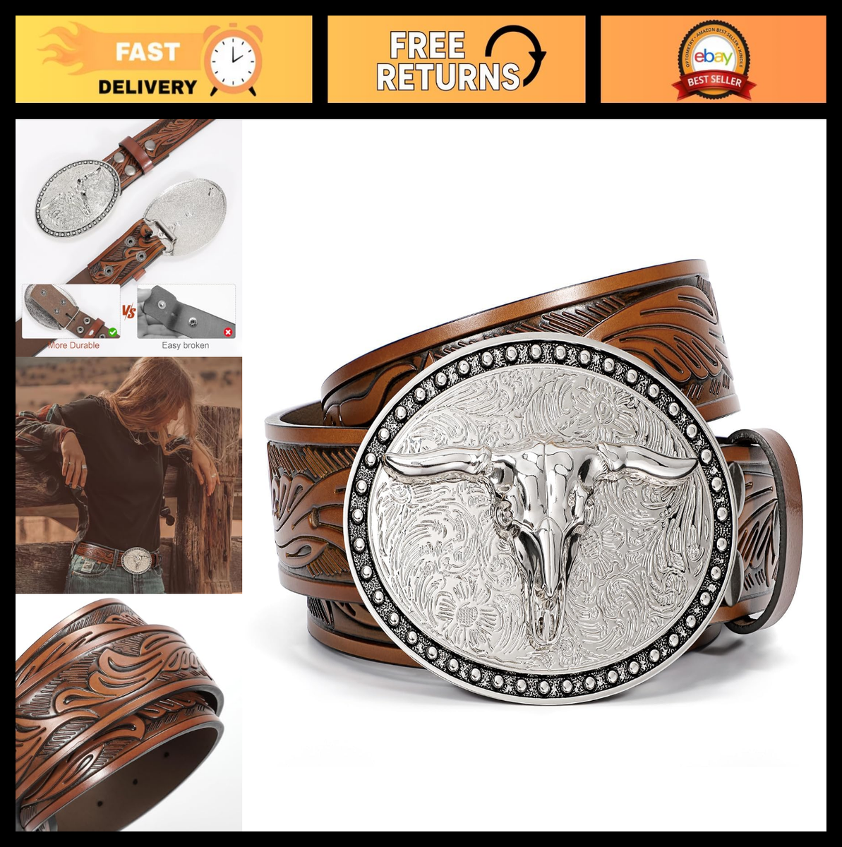Western Leather Cowboy Belt for Men & Women, Embossed Bull 