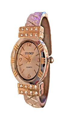 Studio Women's Dualtone 7.5'' Cuff/Bangle Watch New Battery Gemmed