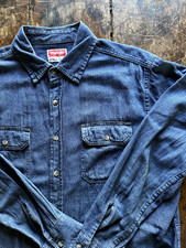 Wrangler Premium Denim Long Sleeve Button Down Western Shirt Blue Jean Men Large