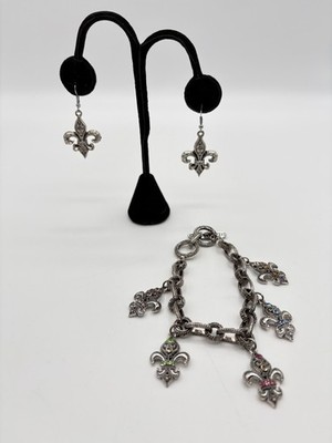 Flour-de-Lis Charm Bracelet Silver Tone Rhinestone Accents With Matching Earring