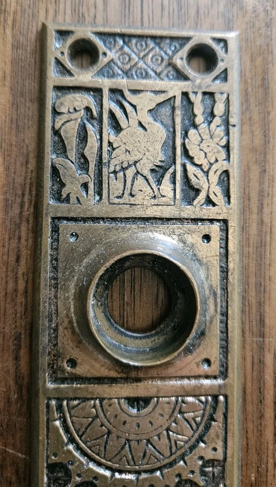 Antique Door Knob Back Plate Crane Bird Victorian Petersboro Lock Mfg Bronze - Image 3 of 4