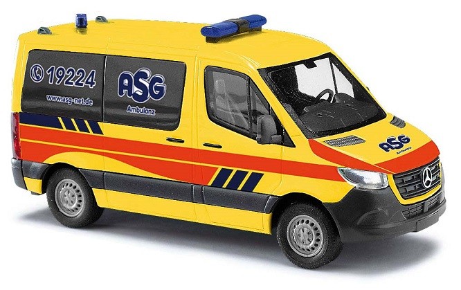Busch 53457 - 1/87 / H0 MB Sprinter 2018 Short Flat Roof Bus ASG Ambulance - New
