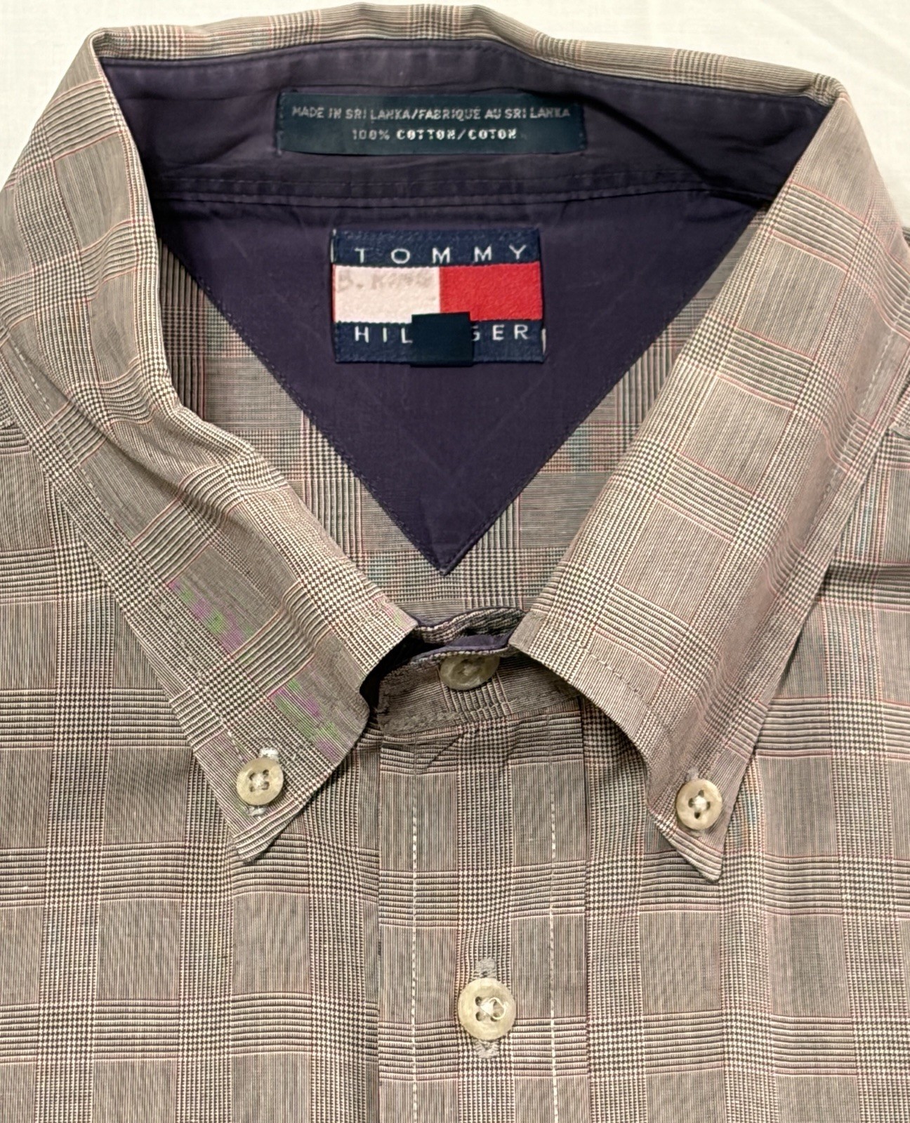 TOMMY HILFIGER Cotton Oxford Plaid Shirt Men's L Multicolor Checks Pleated Cuffs thumbnail 3