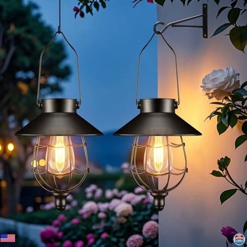 2 Pack Solar Lanterns Outdoor Hanging Light Waterproof Metal for Garden Decor